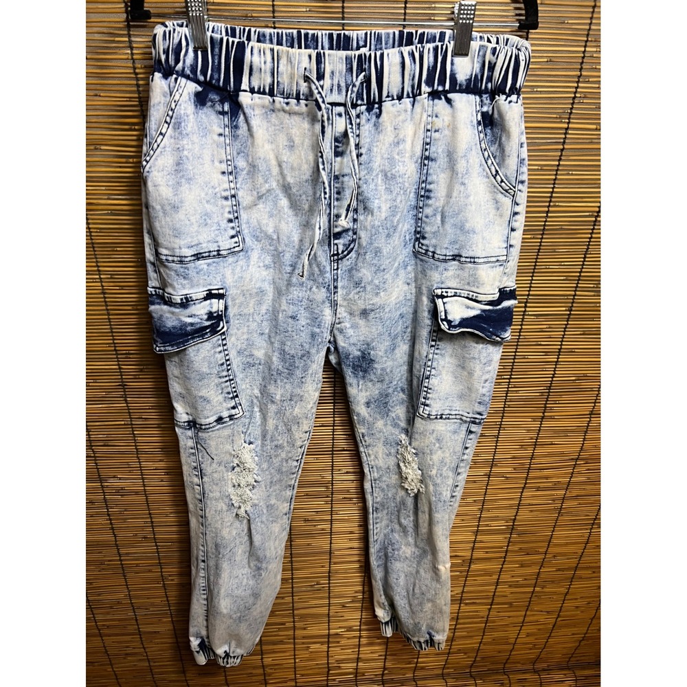 Bamboo XL Acid Wash Cargo Joggers Blue Distressed Denim Cotton Blend